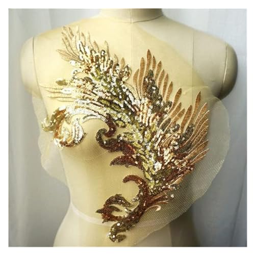 Applikation, Pailletten-Feder-Applikationen for Aufnähen, Spitzenstoff, Netzstickerei(Gold (1)) von BTYQKZVPM