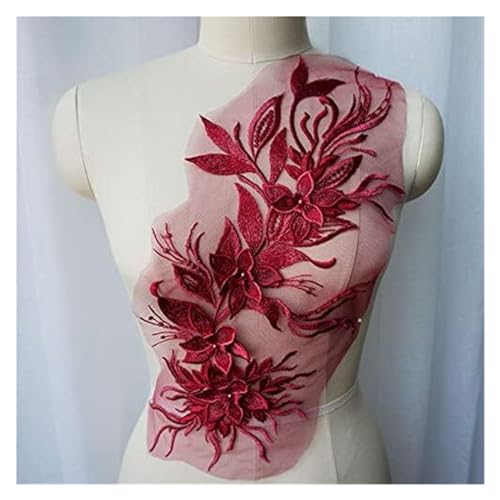 Applikation, Weiß Schwarz Grau 3D Blume Quaste Spitze Stoff Kleid Applikationen bestickt(Wine Red) von BTYQKZVPM
