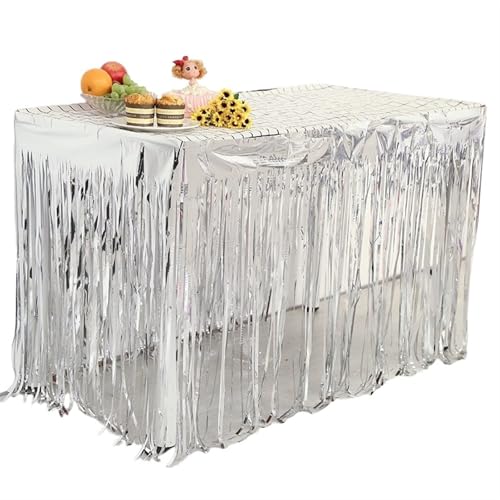 BTYQKZVPM Tischrock-Dekoration, Party-Tischrock mit Quaste aus Metallfolie, Mehrfarbig, 74 x 274 cm(Silver,1Pc) von BTYQKZVPM