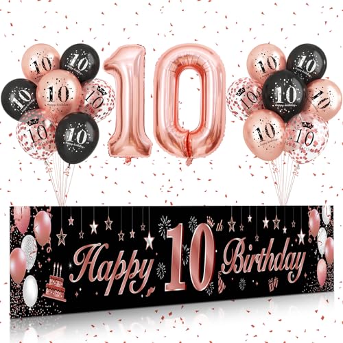 10 Geburtstag Deko Junge Mädchen,BTZO 10.Geburtstag Banner Roségold Schwarz,10 Jahre Folienballon,10 Happy Birthday Luftballons Konfetti Ballons für 10 Mädchen und Jungen Geburtstagsfeier Deko von BTZO