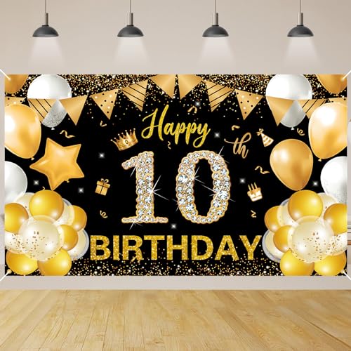 10.Geburtstag Banner Schwarz Gold,BTZO 10.Geburtstag Jungen,Deko 10 Geburtstag Mädchen,10 Geburtstag Hintergrund Banner für 10 Party Geburtstagsdeko von BTZO