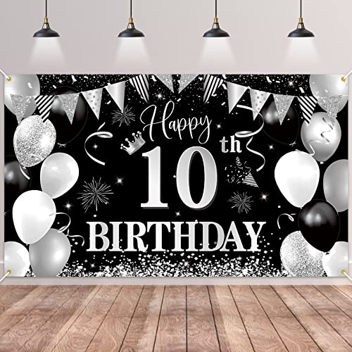 10.Geburtstag Banner Schwarz Silver,BTZO 10.Geburtstag Jungen,Deko 10 Geburtstag Mädchen,10 Geburtstag Hintergrund Banner für 10 Party Geburtstagsdeko von BTZO