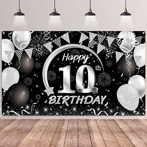 10.Geburtstag Banner Schwarz Silver,BTZO 10.Geburtstag Jungen,Deko 10 Geburtstag Mädchen,10 Geburtstag Hintergrund Banner für 10 Party Geburtstagsdeko von BTZO