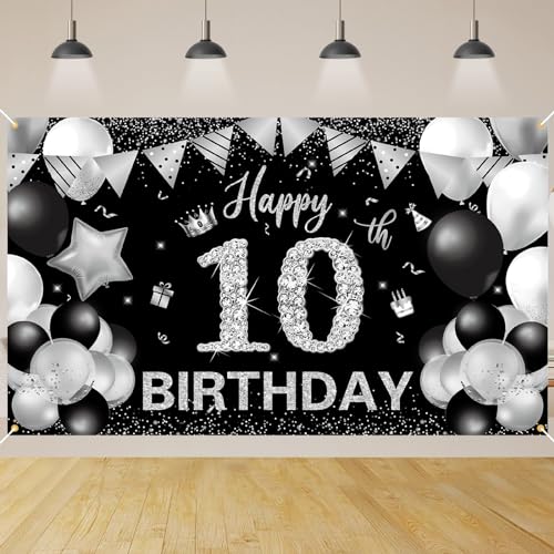10.Geburtstag Banner Schwarz Silver,BTZO 10.Geburtstag Jungen,Deko 10 Geburtstag Mädchen,10 Geburtstag Hintergrund Banner für 10 Party Geburtstagsdeko von BTZO