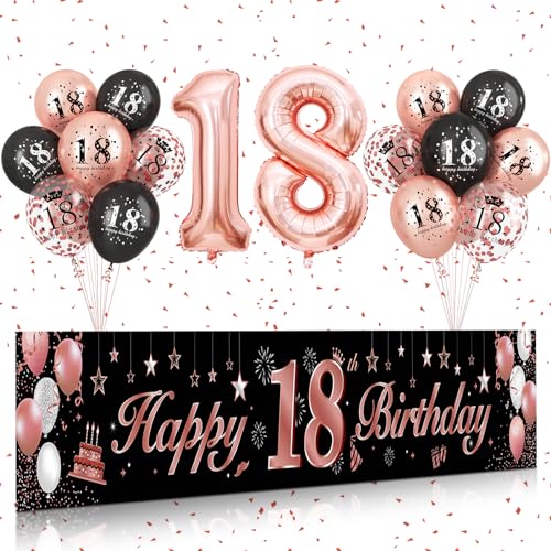 18 Geburtstag Deko Junge Mädchen,BTZO 18.Geburtstag Banner Roségold Schwarz,18 Jahre Folienballon,18 Happy Birthday Luftballons Konfetti Ballons für 18 Mädchen und Jungen Geburtstagsfeier Deko von BTZO