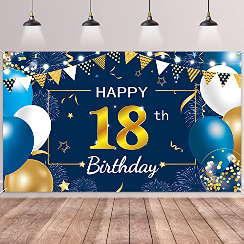 18.Geburtstag Banner Blau Gold,BTZO 18.Geburtstag Jungen,Deko 18 Geburtstag Mädchen,18 Geburtstag Hintergrund Banner für 18 Party Geburtstagsdeko von BTZO