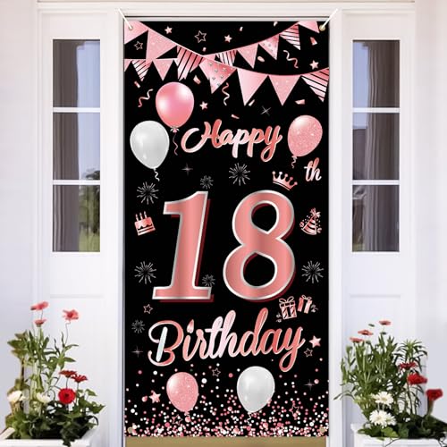 18.Geburtstag Banner Roségold Schwarz,BTZO 18.Geburtstag Jungen,Deko 18.Geburtstagsfeier Mädchen,18 Geburtstag Poster Hintergrund Banner für 18 Party Geburtstagsdeko von BTZO