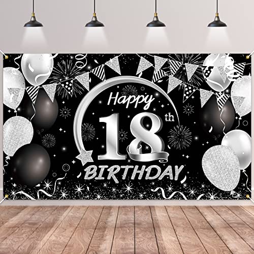 18.Geburtstag Banner Schwarz Silver,BTZO 18.Geburtstag Jungen,Deko 18 Geburtstag Mädchen,18 Geburtstag Hintergrund Banner für 18 Party Geburtstagsdeko von BTZO