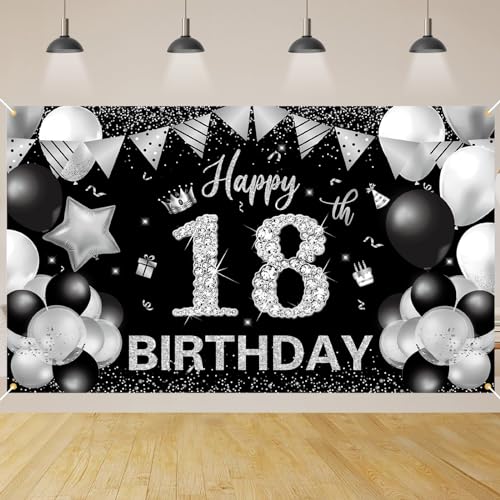 18.Geburtstag Banner Schwarz Silver,BTZO 18.Geburtstag Jungen,Deko 18 Geburtstag Mädchen,18 Geburtstag Hintergrund Banner für 18 Party Geburtstagsdeko von BTZO