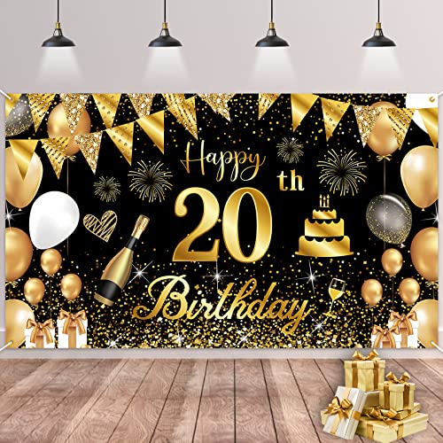 20.Geburtstag Banner Schwarz Gold,BTZO 20.Geburtstag Frauen,Deko 20 Geburtstag Mädchen,20 Geburtstag Hintergrund Banner für 20 Party Geburtstagsdeko von BTZO