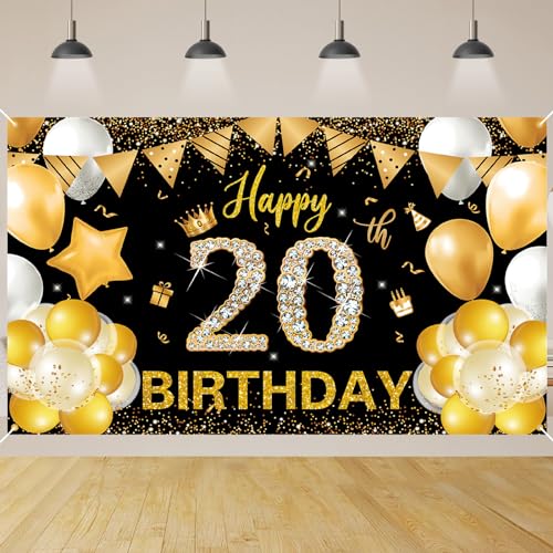 20.Geburtstag Banner Schwarz Gold,BTZO 20.Geburtstag Jungen,Deko 20 Geburtstag Mädchen,20 Geburtstag Hintergrund Banner für 20 Party Geburtstagsdeko von BTZO