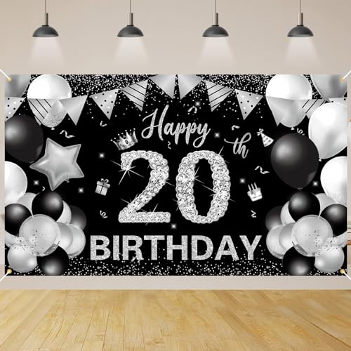 20.Geburtstag Banner Schwarz Silver,BTZO 20.Geburtstag Jungen,Deko 20 Geburtstag Mädchen,20 Geburtstag Hintergrund Banner für 20 Party Geburtstagsdeko von BTZO