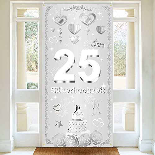 25. Jubiläum Banner,BTZO Silberhochzeit Deko für Silberpaar 25 Hochzeitstag Dekoration Tisch Garten Mauer Innen Außen Hintergrund Deko,185x90cm von BTZO