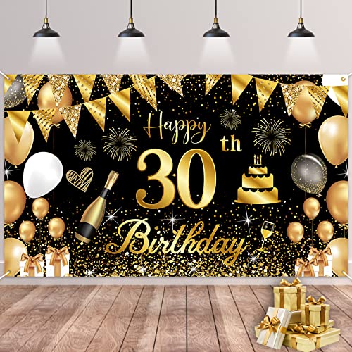30.Geburtstag Banner Schwarz Gold,BTZO 30.Geburtstag Frauen,Deko 30 Geburtstag Mädchen,30 Geburtstag Hintergrund Banner für 30 Party Geburtstagsdeko von BTZO