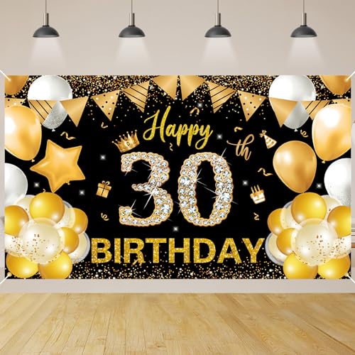 30.Geburtstag Banner Schwarz Gold,BTZO 30.Geburtstag Frauen,Deko 30 Geburtstag Mädchen,30 Geburtstag Hintergrund Banner für 30 Party Geburtstagsdeko von BTZO