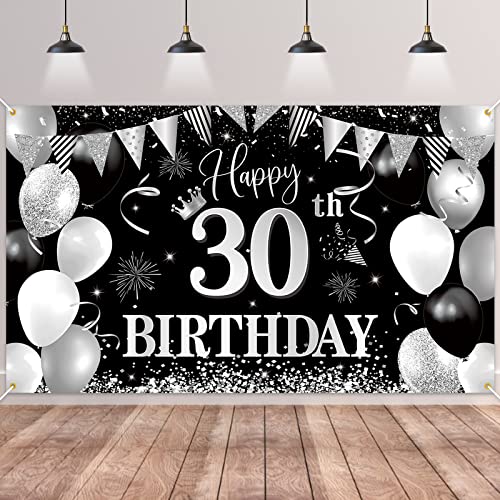 30.Geburtstag Banner Schwarz Silver,BTZO 30.Geburtstag Frauen,Deko 30 Geburtstag Mädchen,30 Geburtstag Hintergrund Banner für 30 Party Geburtstagsdeko von BTZO