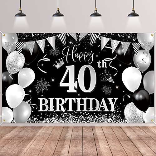 40.Geburtstag Banner Schwarz Silver,BTZO 40.Geburtstag Frauen,Deko 40 Geburtstag Mädchen,40 Geburtstag Hintergrund Banner für 40 Party Geburtstagsdeko von BTZO