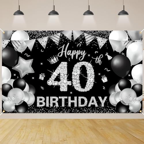 40.Geburtstag Banner Schwarz Silver,BTZO 40.Geburtstag Frauen,Deko 40 Geburtstag Mädchen,40 Geburtstag Hintergrund Banner für 40 Party Geburtstagsdeko von BTZO