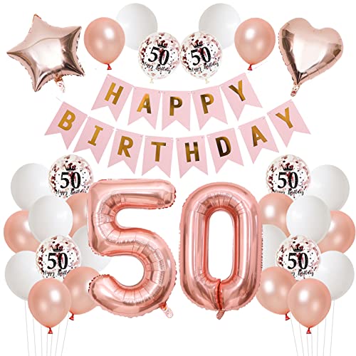 50 Geburtstag Deko Frauen,BTZO 50 Rosegold Geburtstag Dekoration,Luftballon 50.Deko Happy Birthday Banner 50.Konfetti Ballon Mit Weiß Luftballon für Mädchen Deko 50 Geburtstag von BTZO