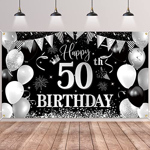 50.Geburtstag Banner Schwarz Silver,BTZO 50.Geburtstag Frauen,Deko 50 Geburtstag Mädchen,50 Geburtstag Hintergrund Banner für 50 Party Geburtstagsdeko von BTZO