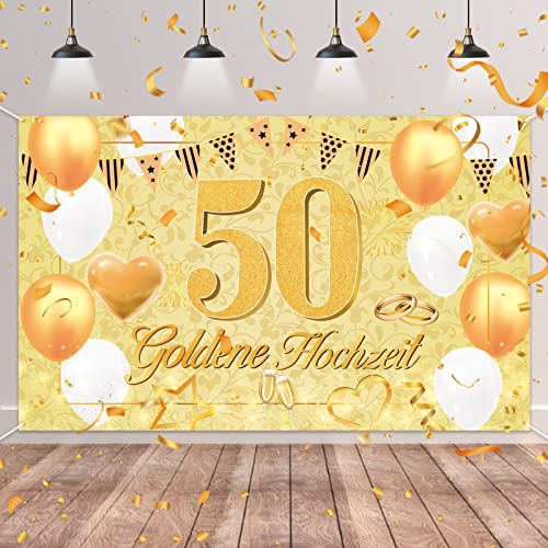 50.Goldenen Hochzeit Banner,BTZO Goldene Hochzeit Deko Stoff Banner für 50 Jubiläum Hochzeitstag Dekoration Tisch Garten Mauer Innen Außen Hintergrund Deko,180 x 110cm von BTZO