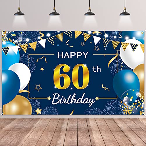 60.Geburtstag Banner Blau Gold,BTZO 60.Geburtstag Frauen,Deko 60 Geburtstag Mädchen,60 Geburtstag Hintergrund Banner für 60 Party Geburtstagsdeko von BTZO