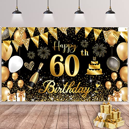 60.Geburtstag Banner Schwarz Gold,BTZO 60.Geburtstag Frauen,Deko 60 Geburtstag Mädchen,60 Geburtstag Hintergrund Banner für 60 Party Geburtstagsdeko von BTZO