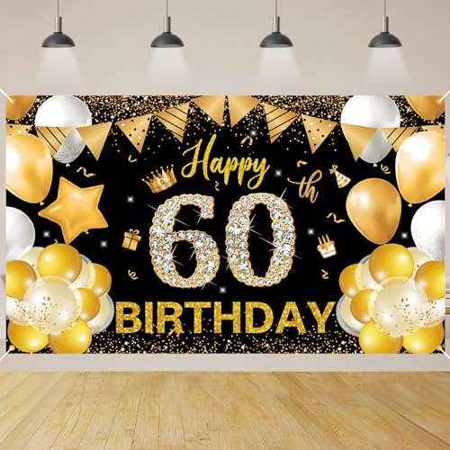 60.Geburtstag Banner Schwarz Gold,BTZO 60.Geburtstag Frauen,Deko 60 Geburtstag Mädchen,60 Geburtstag Hintergrund Banner für 60 Party Geburtstagsdeko von BTZO