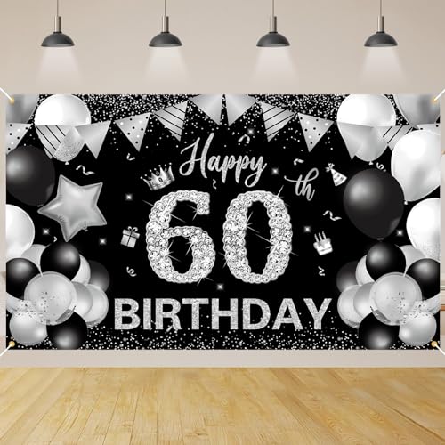60.Geburtstag Banner Schwarz Silver,BTZO 60.Geburtstag Frauen,Deko 60 Geburtstag Mädchen,60 Geburtstag Hintergrund Banner für 60 Party Geburtstagsdeko von BTZO