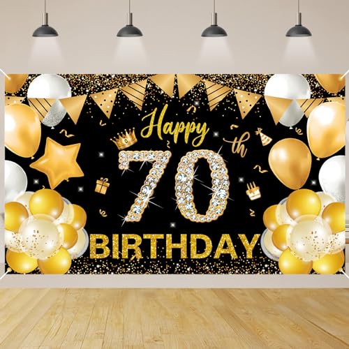 70.Geburtstag Banner Schwarz Gold,BTZO 70.Geburtstag Frauen,Deko 70 Geburtstag Mädchen,70 Geburtstag Hintergrund Banner für 70 Party Geburtstagsdeko von BTZO