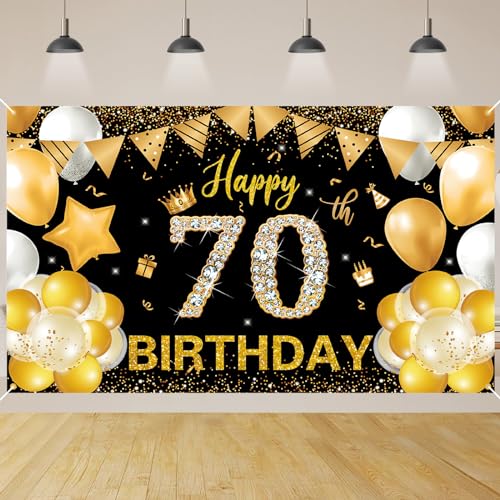 70 Geburtstag Dekoration,BTZO 70 Geburtstag Banner Schwarz Gold,Extra Große 70 Geburtstag Hintergrund Banner,70 Party Geburtstagsdeko Frau Mann von BTZO