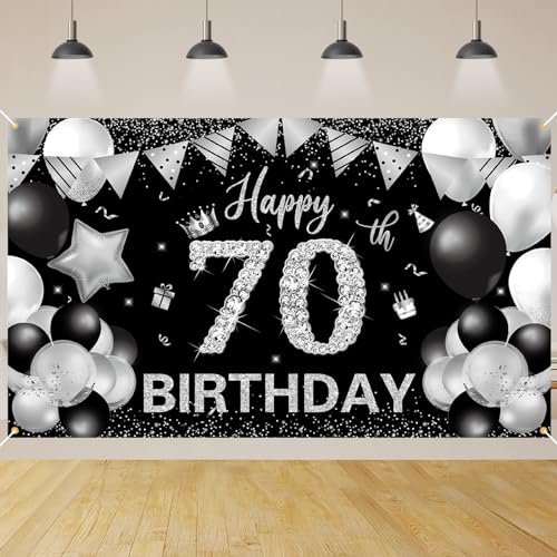 70.Geburtstag Banner Schwarz Silver,BTZO 70.Geburtstag Frauen,Deko 70 Geburtstag Mädchen,70 Geburtstag Hintergrund Banner für 70 Party Geburtstagsdeko von BTZO