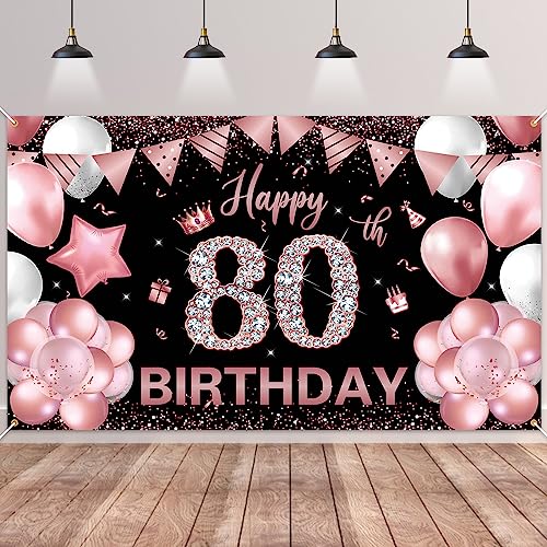 80.Geburtstag Banner Roségold Schwarz,BTZO 80.Geburtstagsbanner,Deko 80 Geburtstag Dekoration Banner Hintergrund für 80 Frauen und Männer Geburtstagsfeier Deko von BTZO