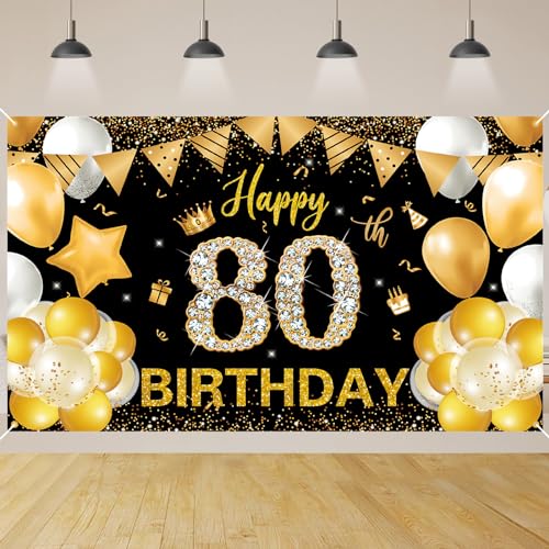 80.Geburtstag Banner Schwarz Gold,BTZO 80.Geburtstag Frauen,Deko 80 Geburtstag Mädchen,80 Geburtstag Hintergrund Banner für 80 Party Geburtstagsdeko von BTZO