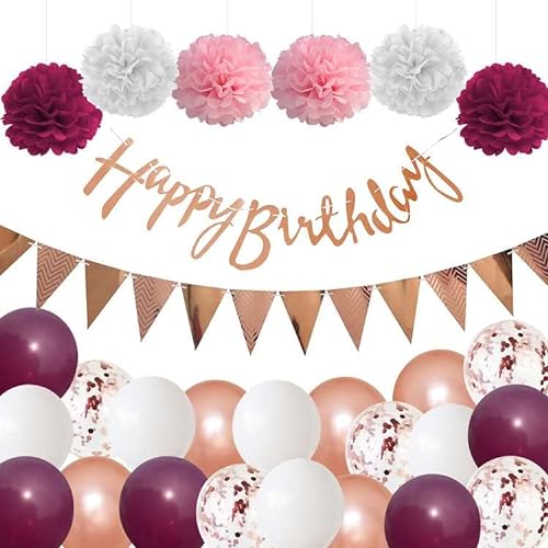 Geburtstagsdeko Frauen,BTZO Geburtstagsdeko Rosegold Mädchen Happy Birthday Girlande Rosegold Konfetti Luftballons Pompoms Rot Ballons Kindergeburtstag Party Deko von BTZO