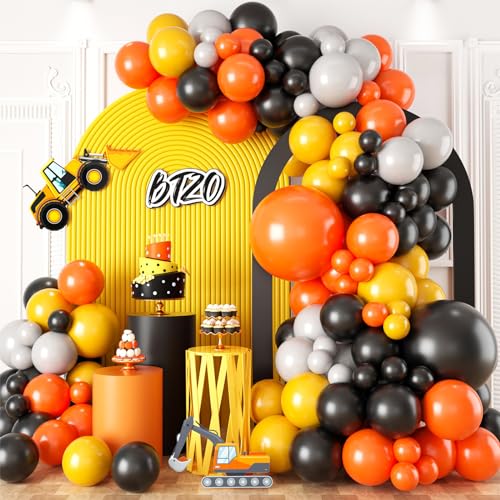 Schwarz Gelb Orange Grau Luftballon Girlande,BTZO Konstruktion Luftballons,Schwarz Orange Gelb Luftballons für Bauparty Geburtstag Baby Dusche Bau Baustelle Them Party Boys Supplies von BTZO