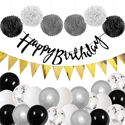 Schwarz Silber Geburtstagsdeko,BTZO Happy Birthday Girlande Set mit Pompoms Konfetti Luftballons Geburtstag Dekoration für Mädchen und Junge Party Deko Geburtstag von BTZO