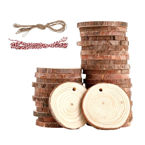 40 Stück Holzscheiben 5-6 cm,Rund Holzscheiben zum Basteln mit zwei Baumwollschnüren,Holzscheibe aus Holz mit Löchern,Baumscheiben Unvollendete,für Heimwerken,Basteln,Hochzeiten,Feiertagsdekorationen von BUCOMTU