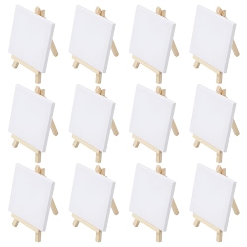 BUCOMTU 12 Mini Staffelei, Mini Leinwand 10 x 10 cm, Massivholz Staffeleien klein 15 x 8 cm, faltbarer dreieckiger Ständer, handbemalte DIY Kreationstafel,Kindermalerei/Kunstdisplay von BUCOMTU
