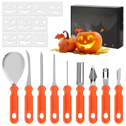 BUCOMTU Halloween Kürbis Schnitzset, 20 Stück Kürbis Schnitzwerkzeug Set aus Edelstahl mit Schnitzvorlagen, Perfekt für Kinder & Erwachsene Halloween Dekoration von BUCOMTU