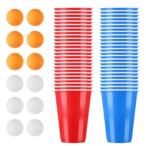 BUCOMTU Becher Set，Becher Partybecher Enthält 50 Becher (16oz) und 12 Tischtennisbälle，mehrweg Becher，Perfekt für Party Partys, Geburtstage, Hochzeiten, Camping von BUCOMTU