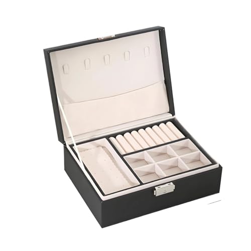 BUFANJIA Doppellagige Schmuckschatulle aus Holz mit Ringbox aus PU-Leder für Schmuck und Make-up-Etui (schwarz) von BUFANJIA