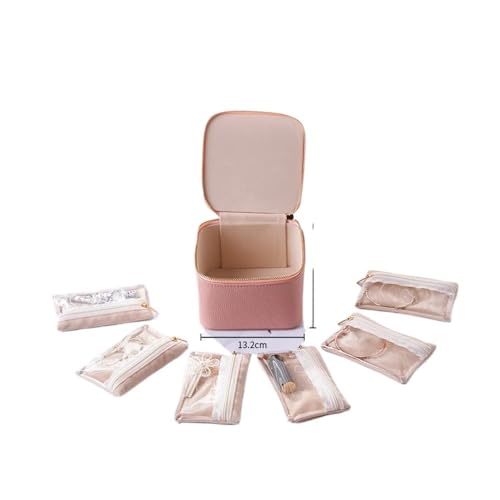 BUFANJIA Reise-Schmuckschatulle für Damen, mit 6 Samt-Reißverschlusstaschen, für Ohrringe, Halsketten, Ringe, Aufbewahrungsbox, echtes Leder, schlichtes Schmucketui (Rosa) von BUFANJIA