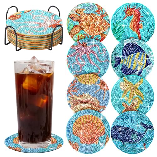 Diamond Painting Untersetzer, Meereslebewesen mit Halter Dekorative für Erwachsene Kinder Anfänger DIY Diamant Kunst Untersetzer Strass Malerei Kits Für Strandhaus Dekor 8 Stück Diamond Painting Untersetzer, Meereslebewesen mit Halter Dekorative für Erwachsene Kinder Anfänger DIY Diamant Kunst Untersetzer Strass Malerei Kits Für Strandhaus Dekor 8 Stück von BULKEE