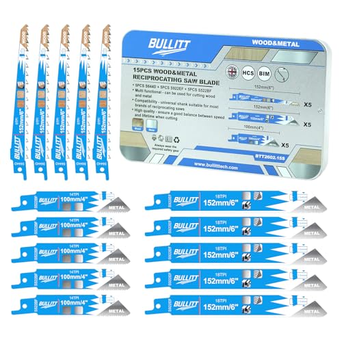BULLITT 15-teiliges Säbelsägeblatt-Set, S644D x 5 + S922EF x 5 + S522BF x 5 HCS/BIM (M42) Rezeptsägeblätter (für Holz und Metall, in einer Blechbox), universeller 1,27 cm Schaft, kompatibel mit von BULLITT