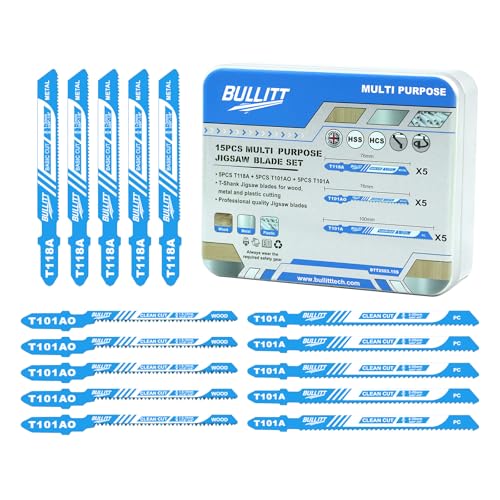 BULLITT 15-teiliges professionelles Stichsägeblatt-Set, Mehrzweck-Stichsägeblätter, 5 x T118A + 5 x T101A + 5 x T101AO mit T-Schaft, zum Schneiden auf Holz, Metall, Kunststoff, professionelles Zubehör BULLITT 15-teiliges professionelles Stichsägeblatt-Set, Mehrzweck-Stichsägeblätter, 5 x T118A + 5 x T101A + 5 x T101AO mit T-Schaft, zum Schneiden auf Holz, Metall, Kunststoff, professionelles Zubehör von BULLITT