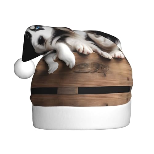 BULQAPZDF Husky Puppies Hunde-Weihnachtsmütze mit flauschigem Bommel, festliche, weiche Plüsch-Weihnachtsmannmütze für Weihnachtsfeier von BULQAPZDF