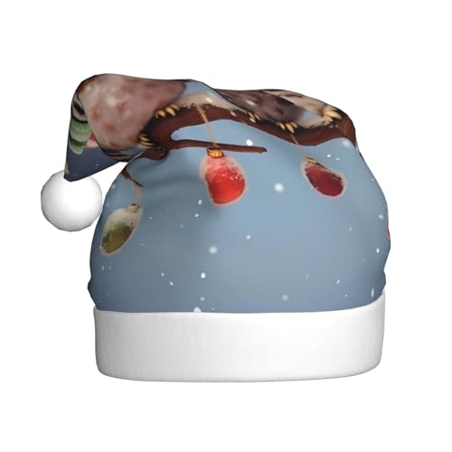 BULQAPZDF Süße Weihnachtsmütze mit Eulen auf Ast, für Erwachsene, mit flauschigem Bommel, festliche, weiche Plüsch-Weihnachtsmütze für Weihnachtsfeiern von BULQAPZDF