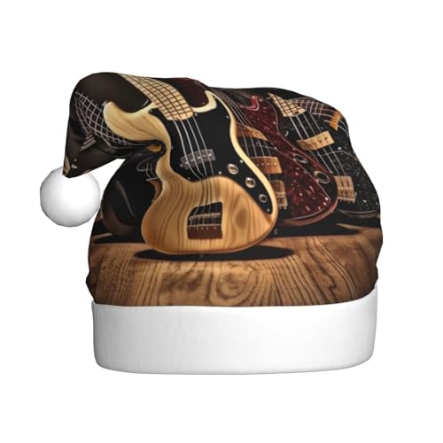 BULQAPZDF Weihnachtsmütze für Erwachsene, Gitarre, Bass, Musikinstrumente, mit flauschigem Bommel, festliche, weiche Plüsch-Weihnachtsmannmütze für Weihnachtsfeier von BULQAPZDF
