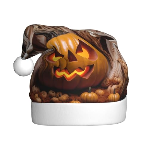 BULQAPZDF Weihnachtsmütze für Erwachsene, Motiv: Horror, Geisterhexe, Kürbis, mit flauschigem Bommel, festliche, weiche Plüsch-Weihnachtsmannmütze für Weihnachtsfeier von BULQAPZDF